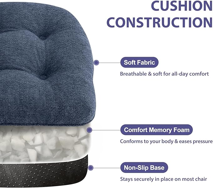 Chair Cushions Set of 4 for Dining Chairs, 16.5"x15.5" Kitchen Chair Pads with Memory Foam, Non-Slip Bottom & Ties, Tufted Indoor Seat Cushions for Home Use – Navy