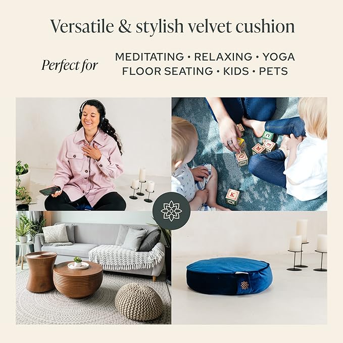 Mindful Modern Velvet Meditation Cushion | Luxe Zafu Yoga Floor Pillow Seat | Posture Support | Buckwheat Hull Filled | Large Round Cushion with Removable Washable Cover + Carry Handle