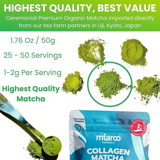 Miaroo Ceremonial Grade Matcha Green Tea Powder (50g) | Certified Organic Japanese Matcha with Collagen (Premium Wellness Blend)