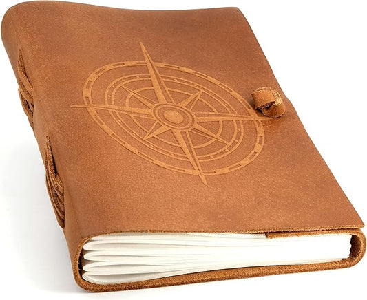 Compass Leather Journal for Men & Women - Blank Journal Notebook with Unlined Paper - Leather Prayer Notebook - 5x7in