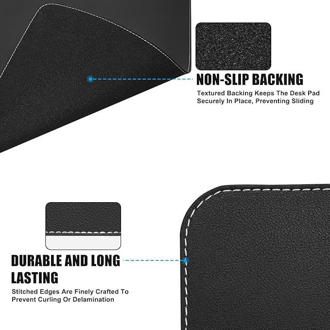 Desk Mat with Lip & Reinforced Stitched Edge|Non-Slip Waterproof PU Leather Desk Pad|Ergonomic Keyboard Mouse Pad With edge Protector|for Office, Home, Study(23.6" x 16.5",Black)