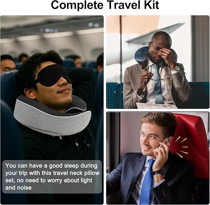 VOCOSTE Neck Pillow for Airplane Travel, Ergonomic Memory Foam Support for Long Flights, with Eye Mask & Earplugs, Home & Office Nap, Gifts for Frequent Flyer, Light Gray