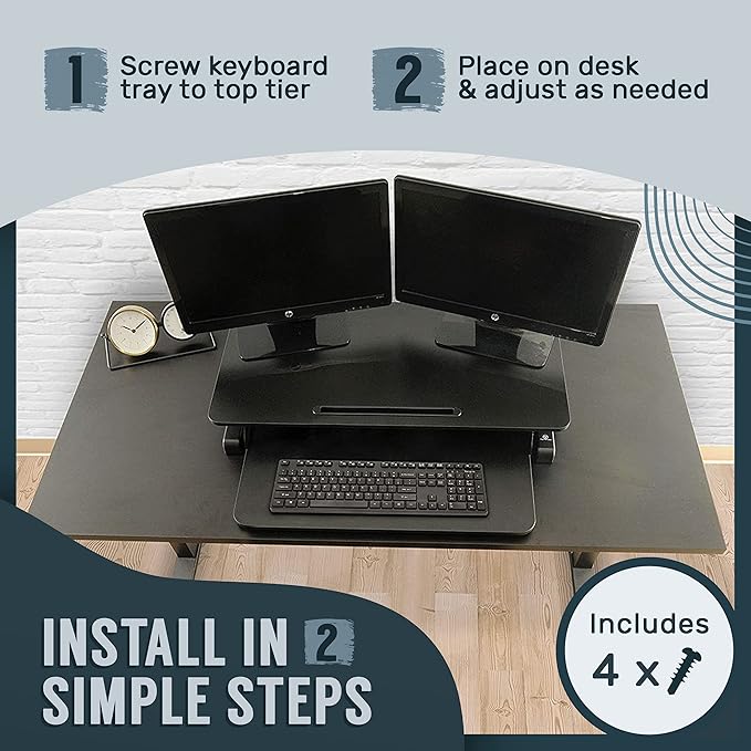 TechOrbits Standing Desk Converter - 32 Inch Adjustable Sit to Stand Up Desk Workstation, Ergonomic Desktop Riser with Keyboard Tray for Home Office Laptop, Wood Brown