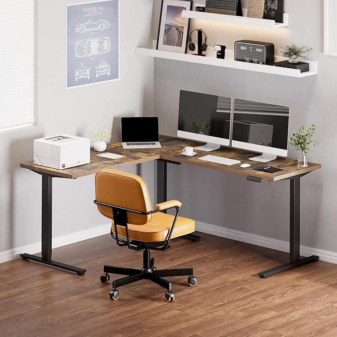 SANODESK L Shaped Standing Desk Adjustable Height, Electric Corner Standing Desk, 71 x 63 inch Sit Stand Computer Table with Splice Board, Rustic Brown