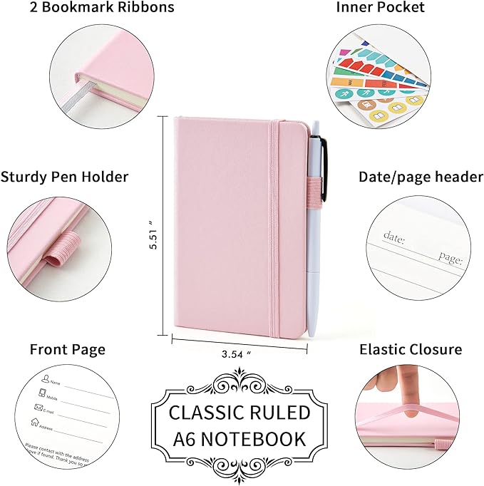 feela 3 Pack Pocket Small Notebook Journals, Mini Cute Memo Notepad Hardcover College Ruled Lined Journals with Pen Holder for Women Girls Office School, with 3 Black Pens, 3.5”x 5.5”, A6, Rose Pink