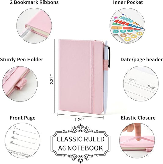 feela 15 Pack Pocket Small Notebooks Bulk, Mini Cute Memo Notepads Hardcover College Ruled Lined Journals with Pen Holder for Women Girls Office School, with 15 Black Pens, 3.5”x 5.5”, A6, Rose Pink