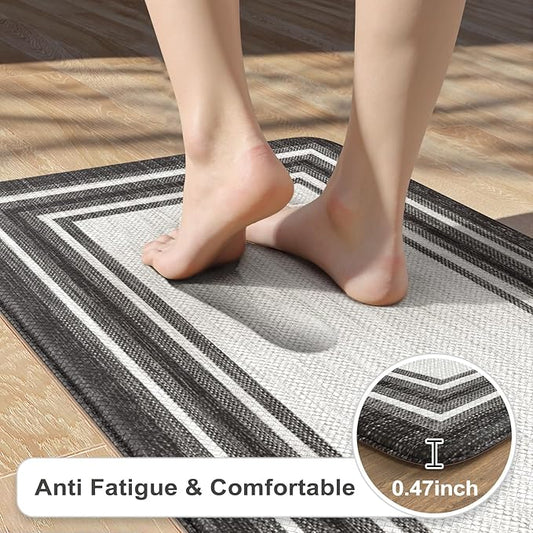 KIMODE Anti Fatigue Kitchen Mat 2PCS,Kitchen Rugs Non Slip Rubber Backing,Waterproof Farmhouse Kitchen Mat for Floor,Cushioned Standing Mat for Office,Laundry,Sink,Desk,Black and Grey