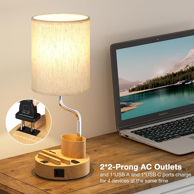 Bedside Table Lamps for Bedroom Set of 2 - Nightstand Light with AC Outlet and USB A & C for Charging, 3 Color Temperatures Wood Desk Lamp with Pen Holder & Phone Stand for Living Room/Dorm/Office