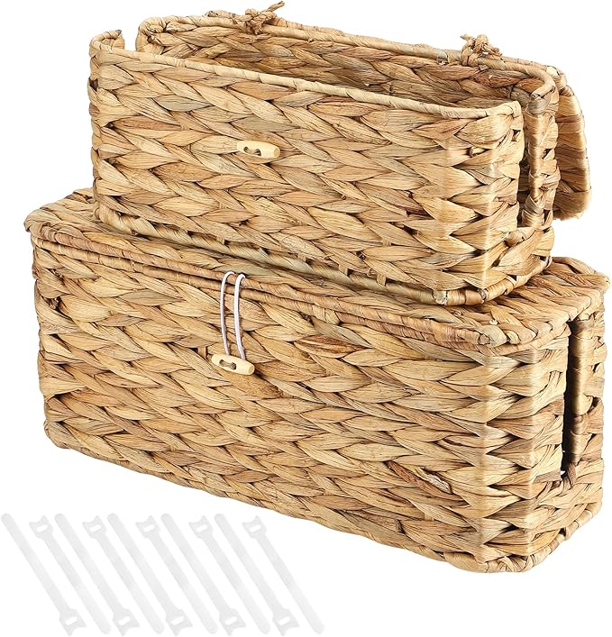 2 Pack Wicker Cable Management Box with Lid, Rattan Cord Organizer Cable Hider Storage Box with 2 Open Slots for Home Office Desk Cord Hider Computer TV Wires USB Hub