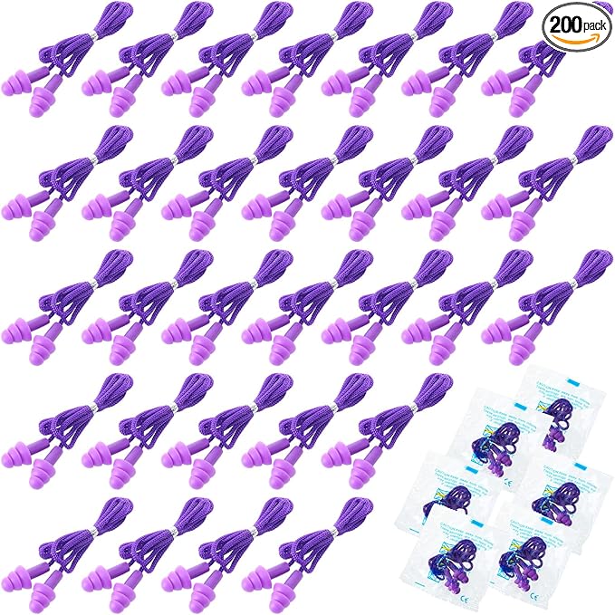 Tondiamo 200 Pairs Ear Plugs Reusable Silicone Earplugs with Cord Sleeping Individually Wrapped Hearing Protection Noise Cancelling Earplugs for Work Construction Shooting Sports(Purple)