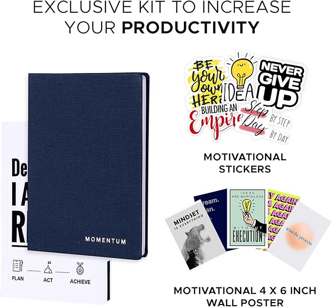 Momentum - Daily, Weekly, Monthly Productivity Planner Kit | Navy Blue Undated A5 Size Planner | 192 Pages Journal + Motivational Stickers + Motivational Post Card