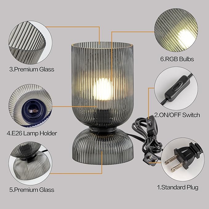 Modern RGB Glass Table Lamp with Remote，Color Changing Bedside Lamp with Ribbed Glass Shade, 16 Colors, On/Off Cord Switch, Nightstand Lamp for Bedroom, Living Room, Office, Bulb Included