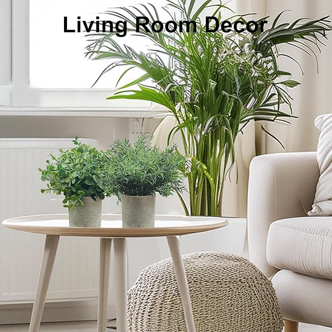 USLAI Small Potted Fake Plants(3-Pack), Mini Artificial Plastic Eucalyptus Plants Topiaries for Home Office Shelf Desk Farmhouse Room Coffee Table Decor