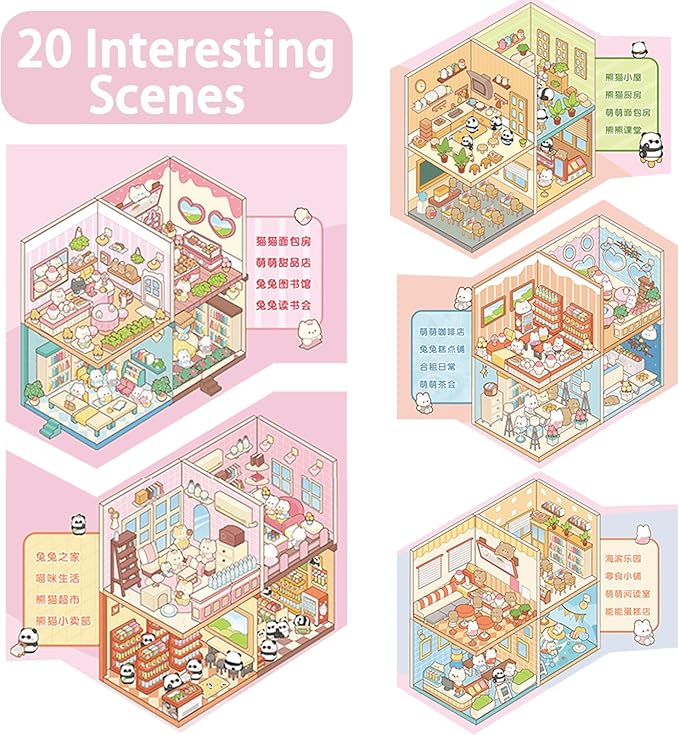 20 Sets DIY 3D Scene Sticker Book for Adults,Cute Sticker Therapy 3D Scenes Relief Stress Pass -Bakery, Library, Panda Supermarket,Tea Party