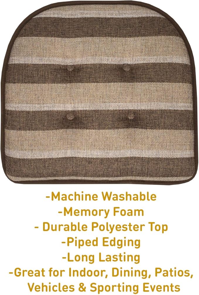 Sweet Home Collection Chair Cushion Memory Foam Pads Tufted Slip Non Skid Rubber Back U-Shaped 17" x 16" Seat Cover, 6 Pack, Bradford Chocolate/Beige, (Pack of 2)