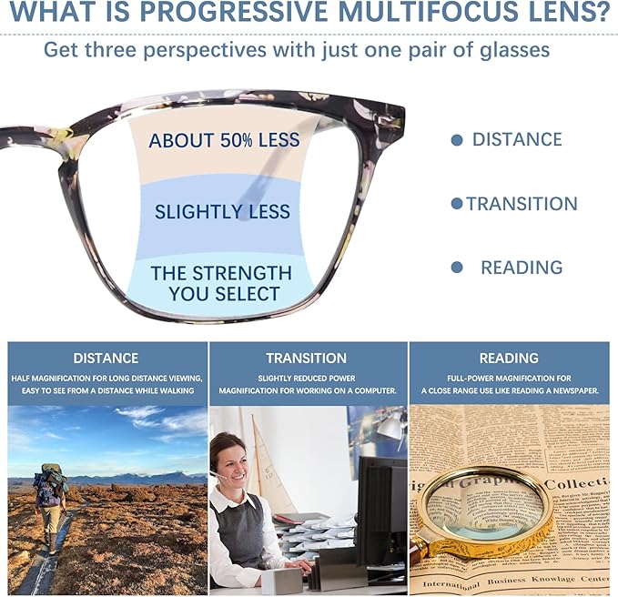3 Pack Progressive Multifocal Reading Glasses Blue Light Blocking Spring Hinge Fashion Print Eyeglasses for women