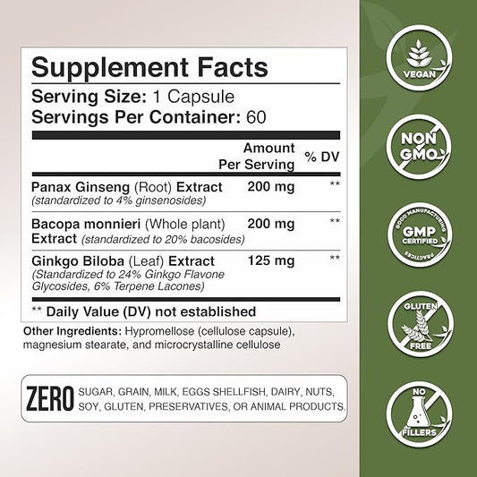 Gade Nutrition Ginkgo Biloba with Ginseng Supplement and Bacopa Monnieri | Brain Supplements for Memory and Focus with panax Ginseng & Ginko biloba Capsules - Memory Supplement for Brain