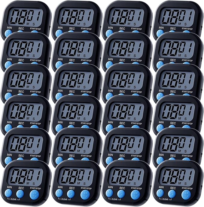 Leumoi 24 Pcs Digital Kitchen Timers Magnetic Back Timers Bulk Large Screen Loud Alarm On/Off Switch Minute Second Count up Countdown Memory Setting for Cooking Classroom Exercise(Black and Blue)