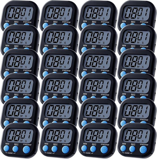 Leumoi 24 Pcs Digital Kitchen Timers Magnetic Back Timers Bulk Large Screen Loud Alarm On/Off Switch Minute Second Count up Countdown Memory Setting for Cooking Classroom Exercise(Black and Blue)