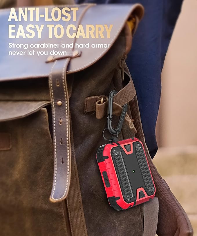 Koaichi Compatible with AirPods Pro(2nd Generation/1st Generation), Full-Body Rugged Hard Shell Protective Case Cover with Keychain Designed for AirPods Pro (2022/2019), Black/Red