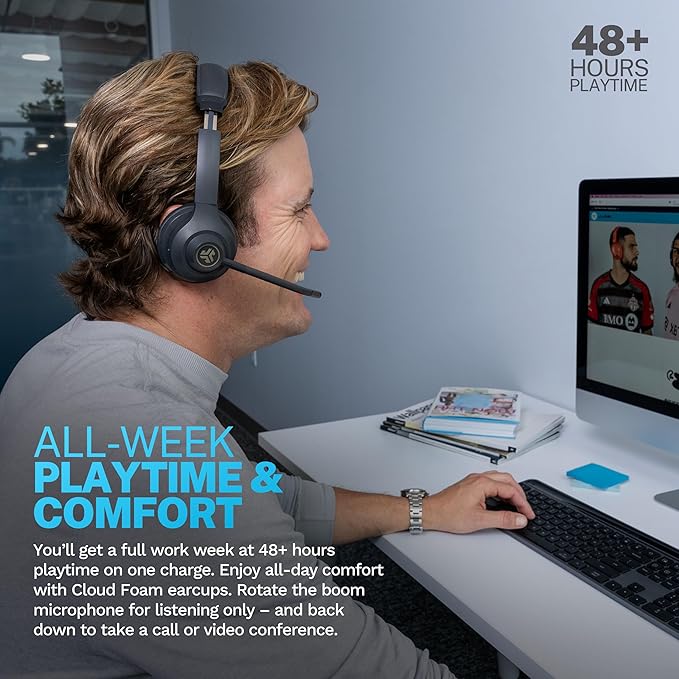 JLab Go Work Gen 2 Wireless Headsets with Microphone - 55+ Playtime PC Bluetooth Headset and Multipoint Connect to Laptop Computer and Mobile - Wired or Wireless (Bluetooth or USB Dongle) Headphones