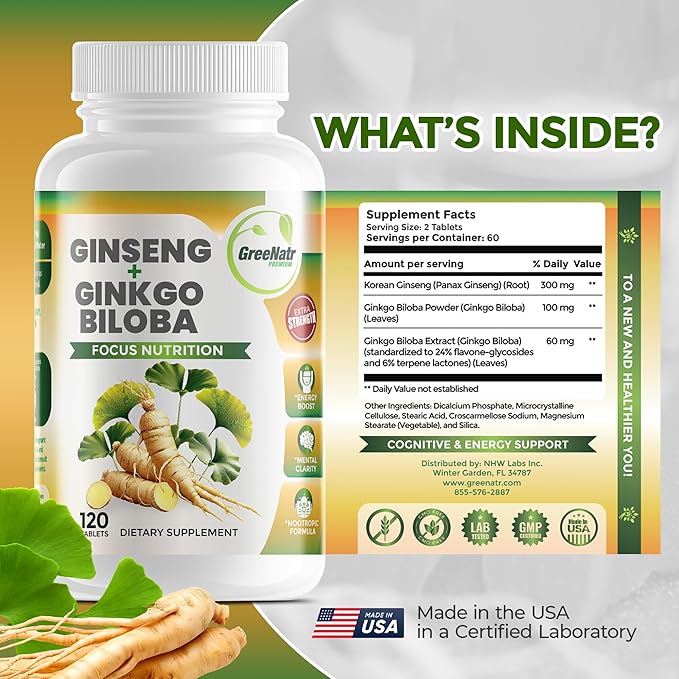 Ginko Biloba & Panax Ginseng Supplement - Red Ginseng Brain Supplement for Memory and Focus - Ginkgo Biloba Supplements for Good Vision, Immune System and Improved Blood Flow - 120 Tablets