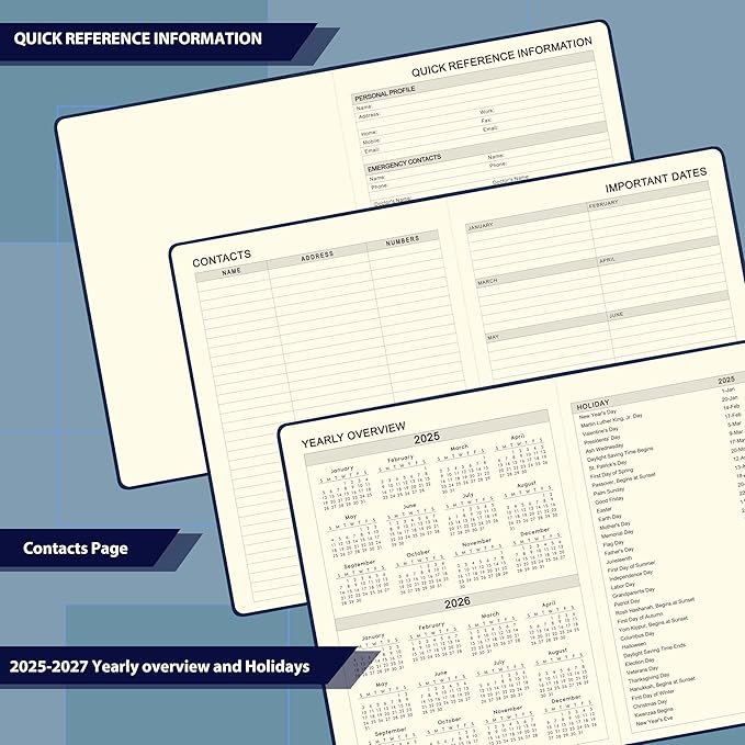 Planner 2025-2026 - Academic Planner 2025-2026, Leather Calendar Weekly and Monthly, 9"x11", July 2025 - June 2026, Leather Hardcover, Pen Loop, Elastic Closure, Pocket - Navy