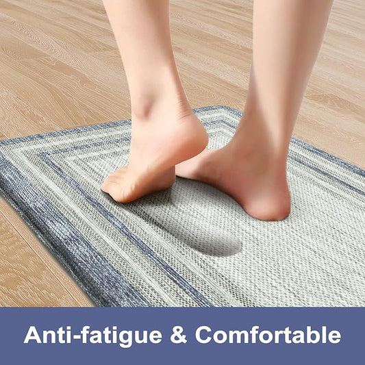 KIMODE Farmhouse Kitchen Runner Rug,17.3" x 59" Anti Fatigue Kitchen Mats for Floor Cushioned,Non-Skid Waterproof Kitchen Floor Standing Mat for Front Sink,Laundry Room,Blue and Gray