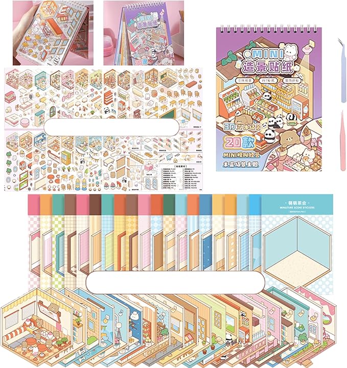 20 Sets DIY 3D Scene Sticker Book for Adults,Cute Sticker Therapy 3D Scenes Relief Stress Pass -Bakery, Library, Panda Supermarket,Tea Party