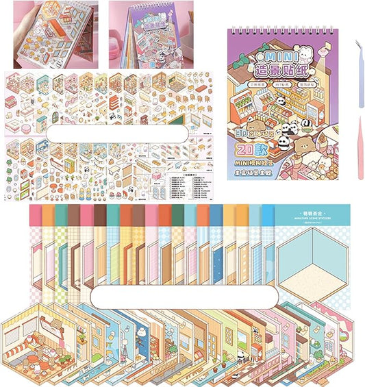 20 Sets DIY 3D Scene Sticker Book for Adults,Cute Sticker Therapy 3D Scenes Relief Stress Pass -Bakery, Library, Panda Supermarket,Tea Party
