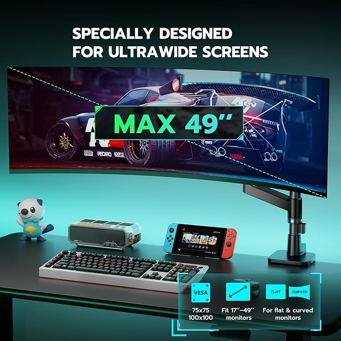 ARES WING Ultrawide Monitor Mount with USB A/C, with Extended Column for 17 to 49 inch Heavy Duty Monitor, Holds 44 lbs, Adjustable Gas Spring Desk Mount, Black