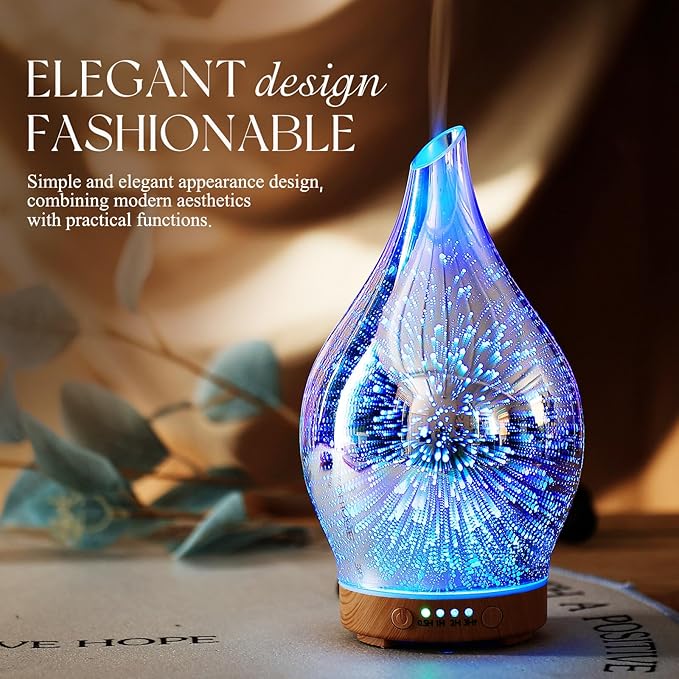 Porseme Oil Diffuser 3D Glass Aromatherapy Ultrasonic Humidifier, Air Refresh Auto Shut-Off, Timer Setting, BPA Free for Home Hotel Yoga Leisure SPA Gift 150ml Last 6H
