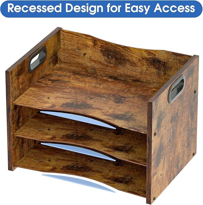 3-Tier Wood Paper Organizer, File Holder for Desk With Handle - Wooden Paper Letter Tray, Desk Organizer and Accessories, File Cabinet for Home Office, School