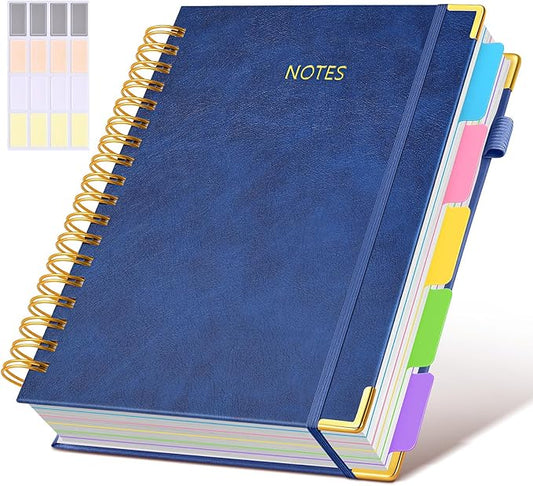 Hardcover Spiral Notebook journal with Removable Dividers Tabs, 300 Pages Leather 5 Subject Notebook College Ruled, 8"x10" Large B5 Notebooks for Work School Note taking, Lined Journal for Women,Navy