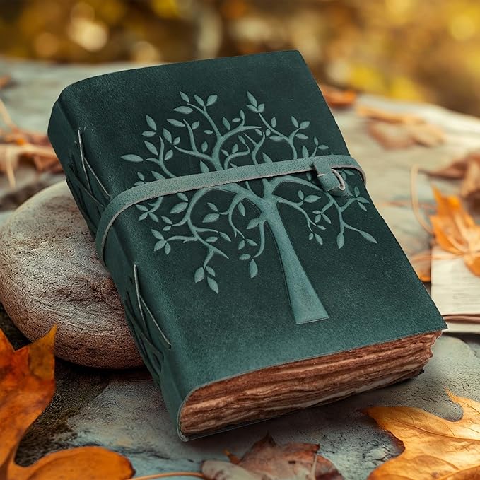 LEATHER VILLAGE Tree of Life Journal - 13 X 8 inches - Turquoise - 200 Antique Deckle Edge Handmade Paper – Book of Shadows - Vintage Leather Bound Journal for Women & Men