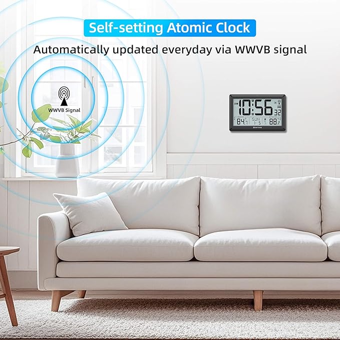Atomic Clock with Indoor and Outdoor Temperature, Automatic Digital Clock Battery Operated, Large Display Wall Clocks or Desktop Clocks for Livingroom Office Bedroom Kitchen,Black