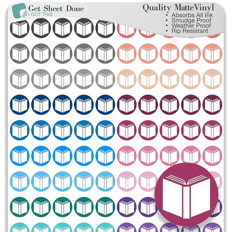 Book Icon Planner Sticker / 110 Dot Icon Vinyl (1/3”) / Club Read Reading Me Time Self Care Homework School Student/Essential Productivity Life/Bullet Bujo Journal (Three Sheets, multi)