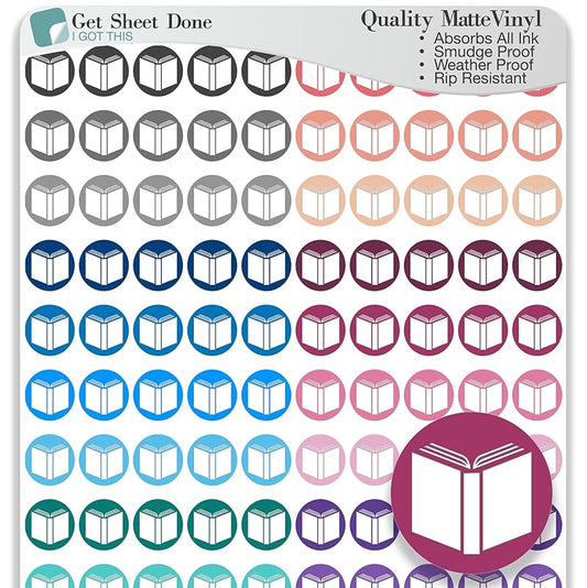 Book Icon Planner Sticker / 110 Dot Icon Vinyl (1/3”) / Club Read Reading Me Time Self Care Homework School Student/Essential Productivity Life/Bullet Bujo Journal (One Sheet, multi)
