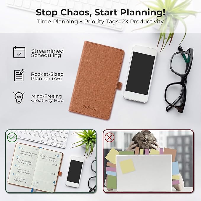 Weekly Monthly 2025-2026 Planner (July 25-Dec 26),6.5"x3.75",18 Months Agenda Plan with Month Tabs & Pocket,Expenses/Note Pages, Academic Calendar with Vegan Leather Cover,Brown