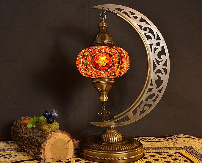 mozaist Turkish Mosaic Crescent Shape Table Lamp, Moroccan Moon Boho Handmade Desk Light, Farmhouse Rustic Living Room Decorative Lighting, Bedside Nightstand with E12 Socket & US Plug (Orange & Red)