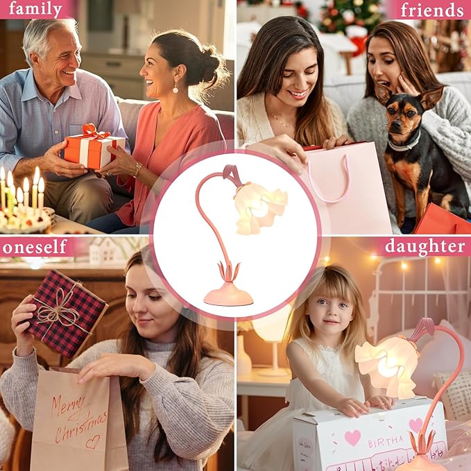 Cute Flower Table Lamp, Bedside Vintage Flower Lamp with LED Bulb, 3 Colors Temperature Flower Lamp for Bedroom Living Room Bedside Desk Reading Lighting Table Lamps Home Decoration (Pink)
