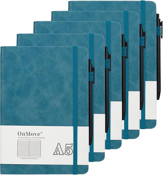 Notebooks Journal for Women Men 5 Pack Bulk Leather Hardcover with Pen Holder A5 160 Pages 100 GSM Thick Paper for Work School Lined Sky Blue