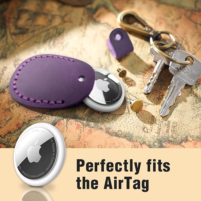 for Airtag Holder, Portable Genuine Leather Air Tag Keychain with Key Rings Full Coverage Air Tags Hidden Case Cover Compatible with Airtag Purple