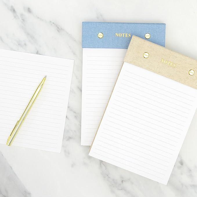 ELYN Lined Notepad, Aesthetic Linen Memo Pad with Matching Gold Gel Pen, 125 Sheets, 8.1 x 5.3 in - 100 GSM Premium Thick Paper, Perforated Pages & Hard Linen Backing, for Work, School or Home (Blue)