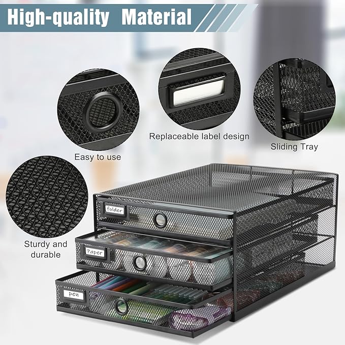 Zhanmai 2 Pcs Desk Organizer with Drawer Total 6 Tiers, Wire Mesh Organizers Tray Multifunctional Paper Sorter File Stand for Home Office Supplies Storage Letter A4 Paper Office Accessories(Black)