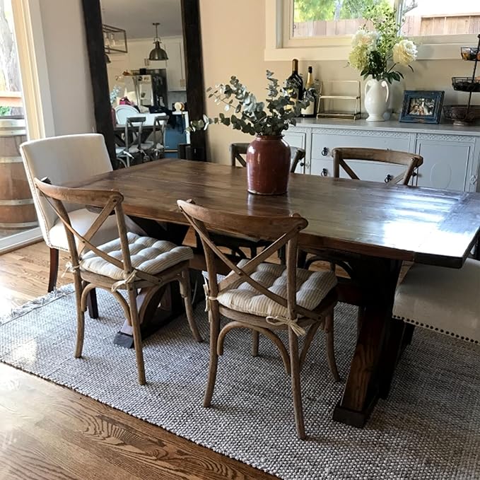 Barnett Home Decor Ticking Stripe Natural Dining Chair Pad with Ties - Pack of 2 Size 15 x 17 Chair Cushion - Latex Foam Fill - Machine Washable, Reversible, 100% Cotton, Made in USA (Beige Ivory)