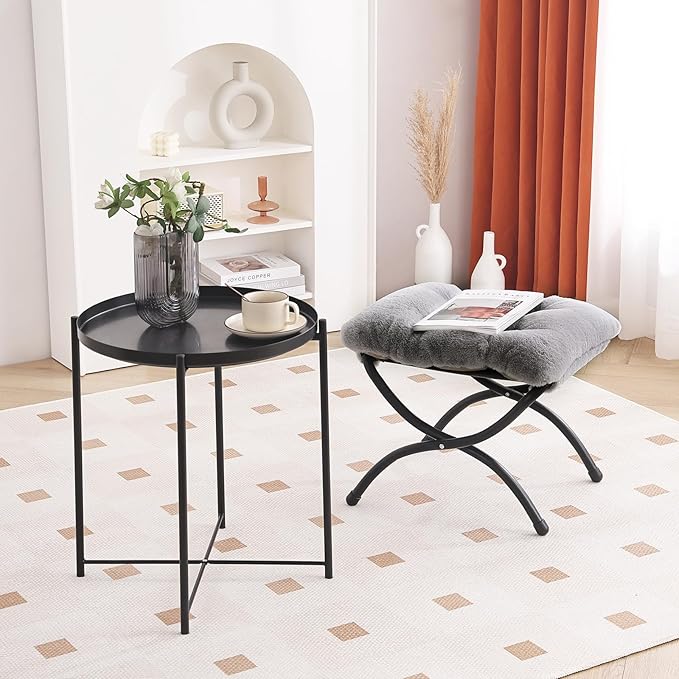 LITA Folding Upholstered Footrest Stool, Modern Small Portable Accent Ottoman with Detachable Thick Cotton Cushion Padded Sofa Stool with Metal Frame for Lazy Chair, Living Room & Bedroom, Plush Grey