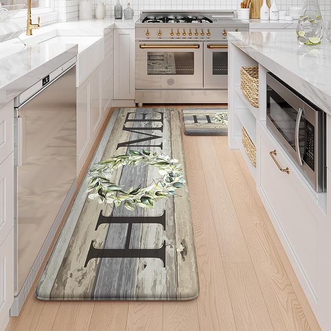 KIMODE Anti Fatigue Kitchen Mats, Farmhouse Kitchen Rugs Sets of 2, Non Slip Kitchen Mats for Floor, Cushioned Kitchen Floor Mats for Sink, Laundry, Office, Desk Grey 17"x59"+17"x29"