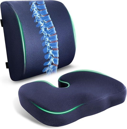 Charcoal Memory Foam Seat Cushion & Adjustable Lumbar Pillow Set - Back Support for Pain Relief (Sciatica,Tailbone),Washable & Non-Slip,Multipurpose for Office,Car,Wheelchair - Navy Blue