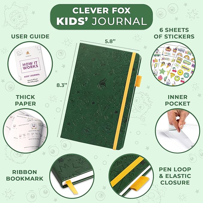 Clever Fox Kids’ Journal – Daily Feelings & Gratitude Notebook for 8+ Children – Child’s Planner & Mood Tracker for Journaling & Writing (Forest Green)